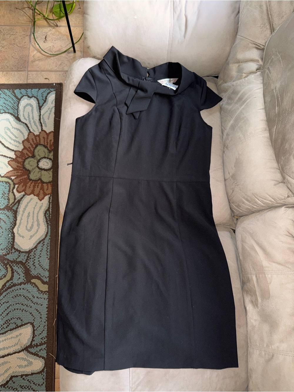 Aa Studio Black Cap-Sleeve Midi Sheath Dress with Neck Tie Detail